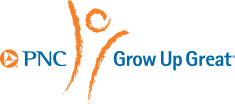 Orange outline of a figure with its arms reaching up into the air. To the left of the figure is the acronym "PNC" and the PNC bank logo, an orange circle with a white triangle inside it. To the right of the figure are the words "Grow Up Great". All text is blue.