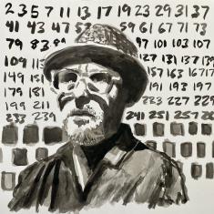 A graphic drawing of Wes Sherman wearing a hat, glasses, and collar shirt. In the background are square shapes and numbers.